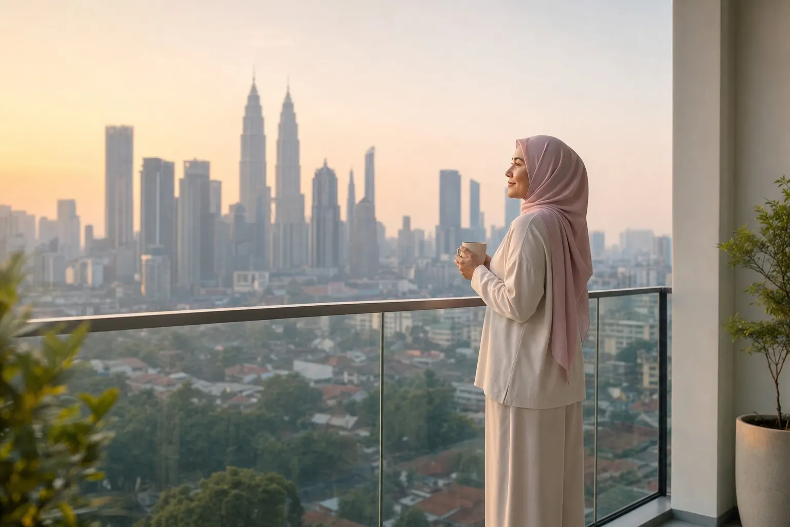 A woman in a blush hijab holding a cup of coffee on a balcony, looking out at the city in the early morning
